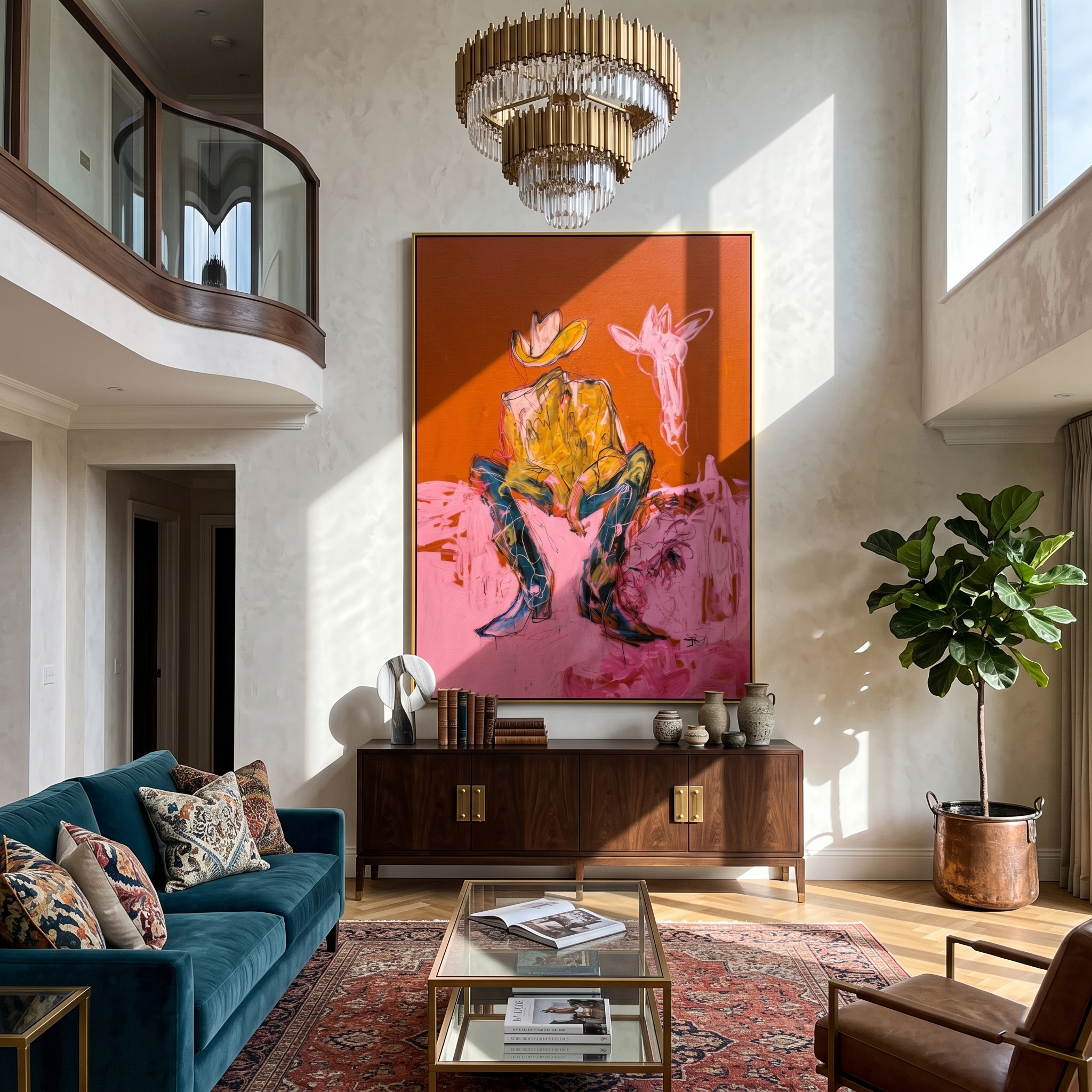 Long Neck Wanderer – Cowboy & Giraffe Painting | Vintage Americana Vertical Art
