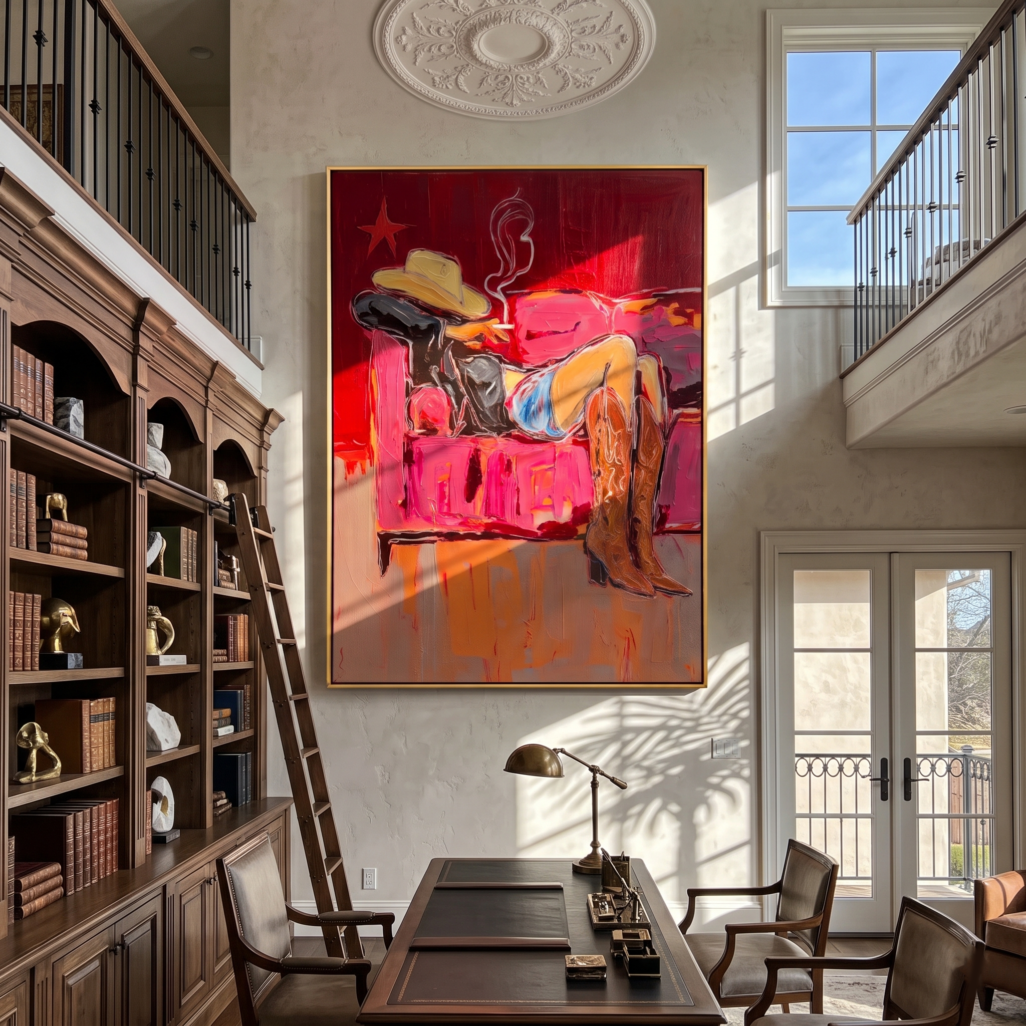 Crimson Leisure – Cowgirl on Sofa with Cigarette Painting | Vintage Americana Vertical Art