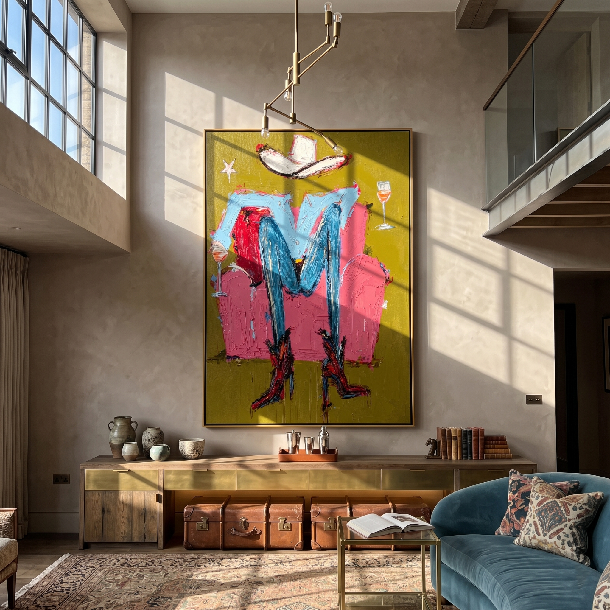 Hat & Heels – Abstract Cowgirl Legs & Wine Painting | Vintage Americana Vertical Art