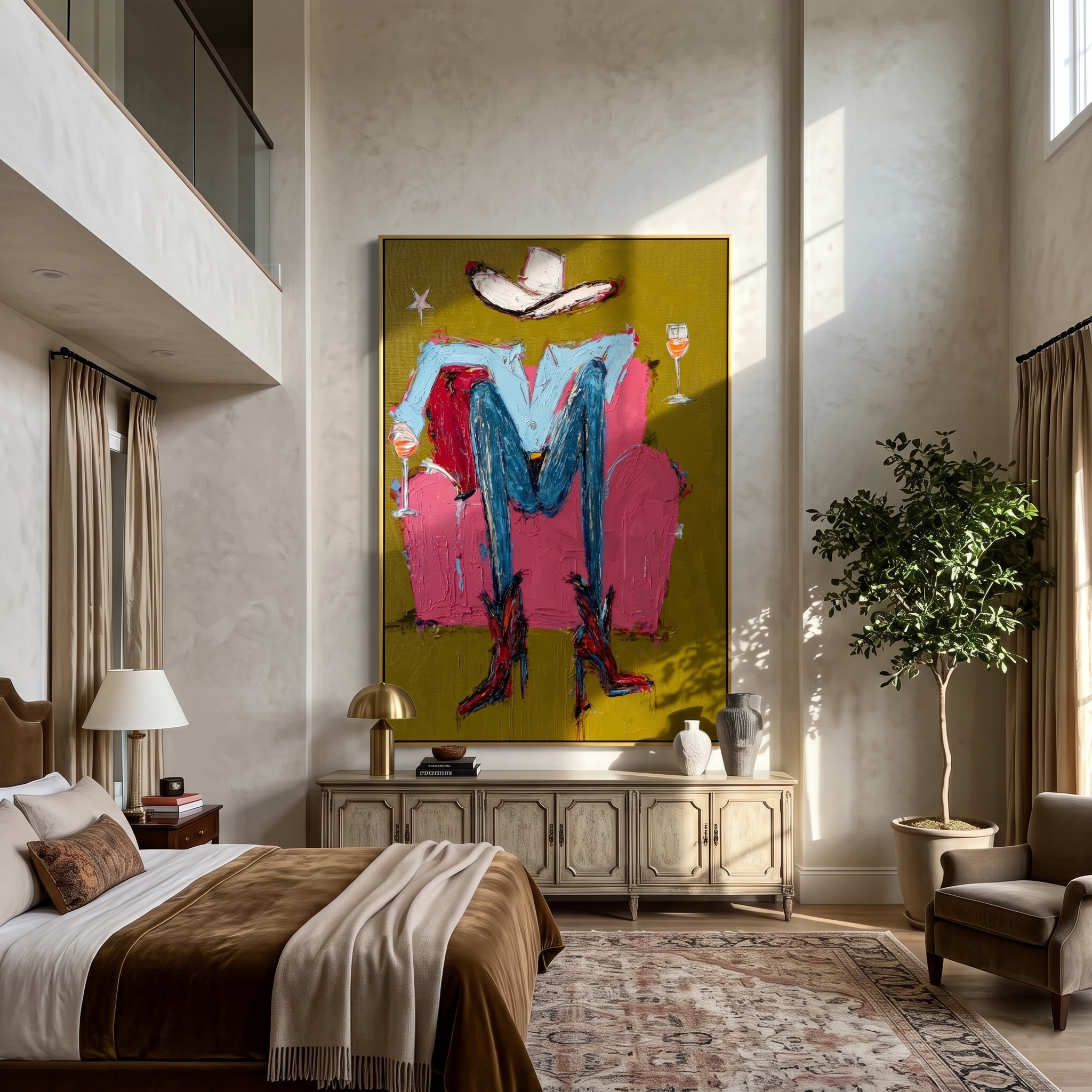 Hat & Heels – Abstract Cowgirl Legs & Wine Painting | Vintage Americana Vertical Art