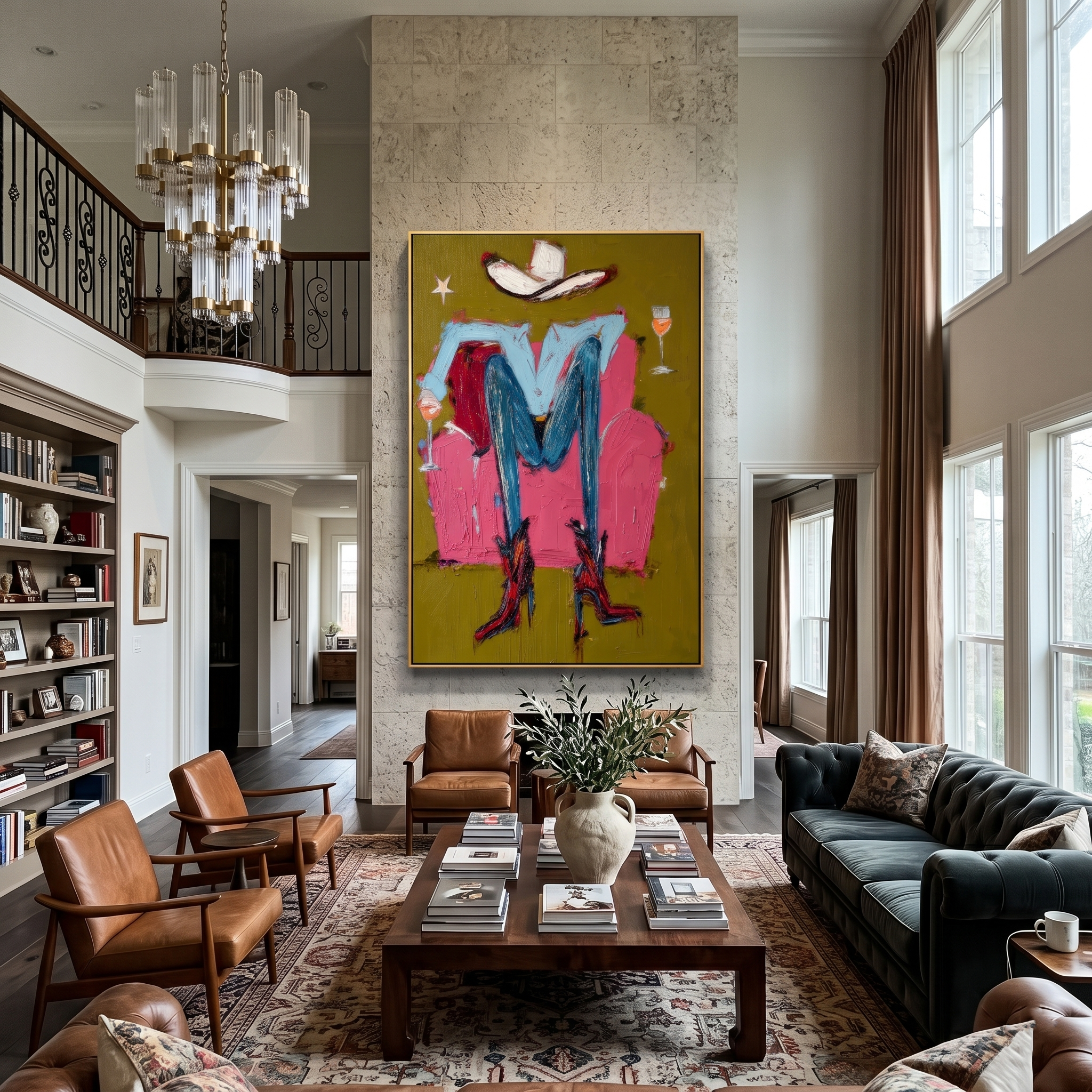 Hat & Heels – Abstract Cowgirl Legs & Wine Painting | Vintage Americana Vertical Art