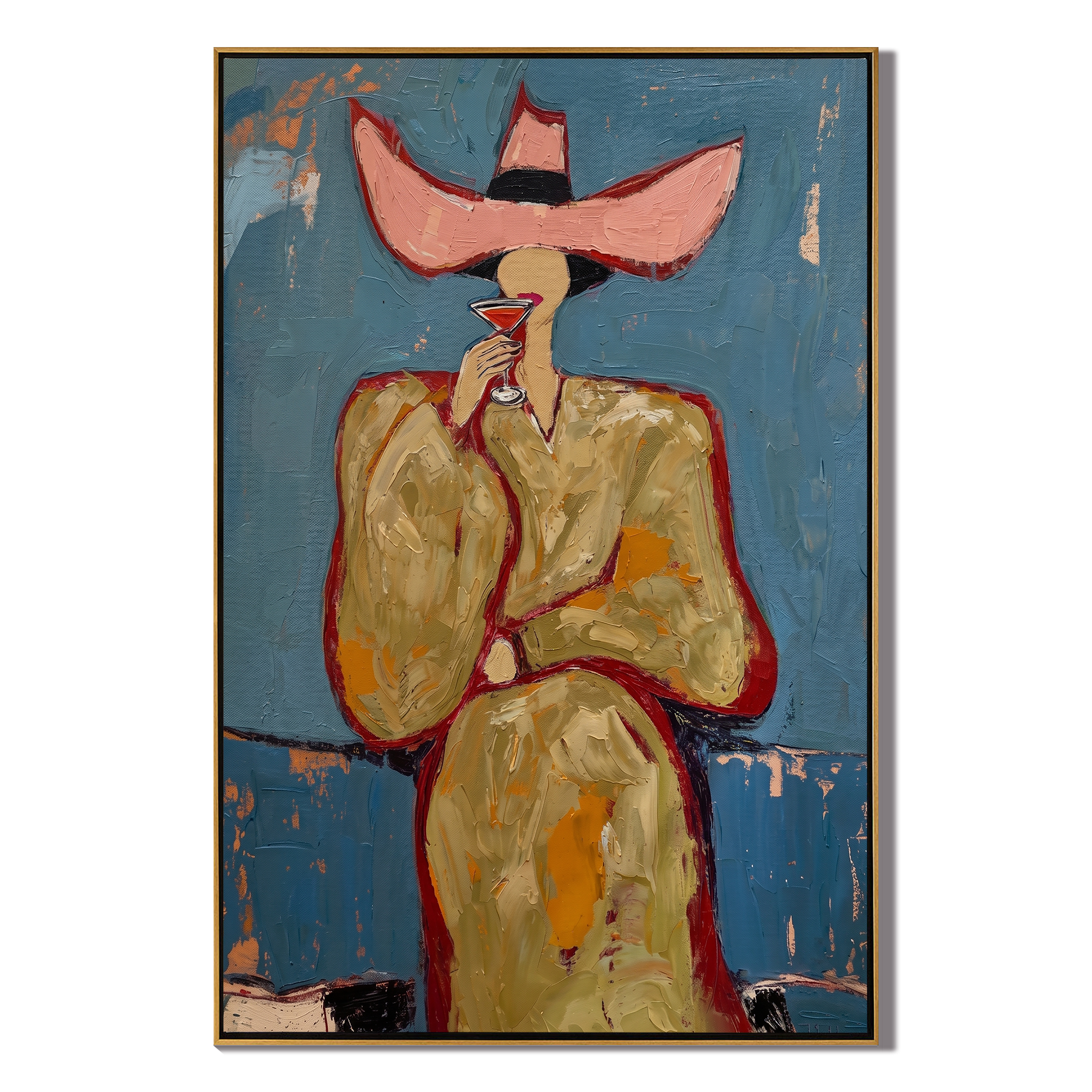 Blush Sip – Woman in Pink Hat with Martini Painting | Vintage Americana Vertical Art