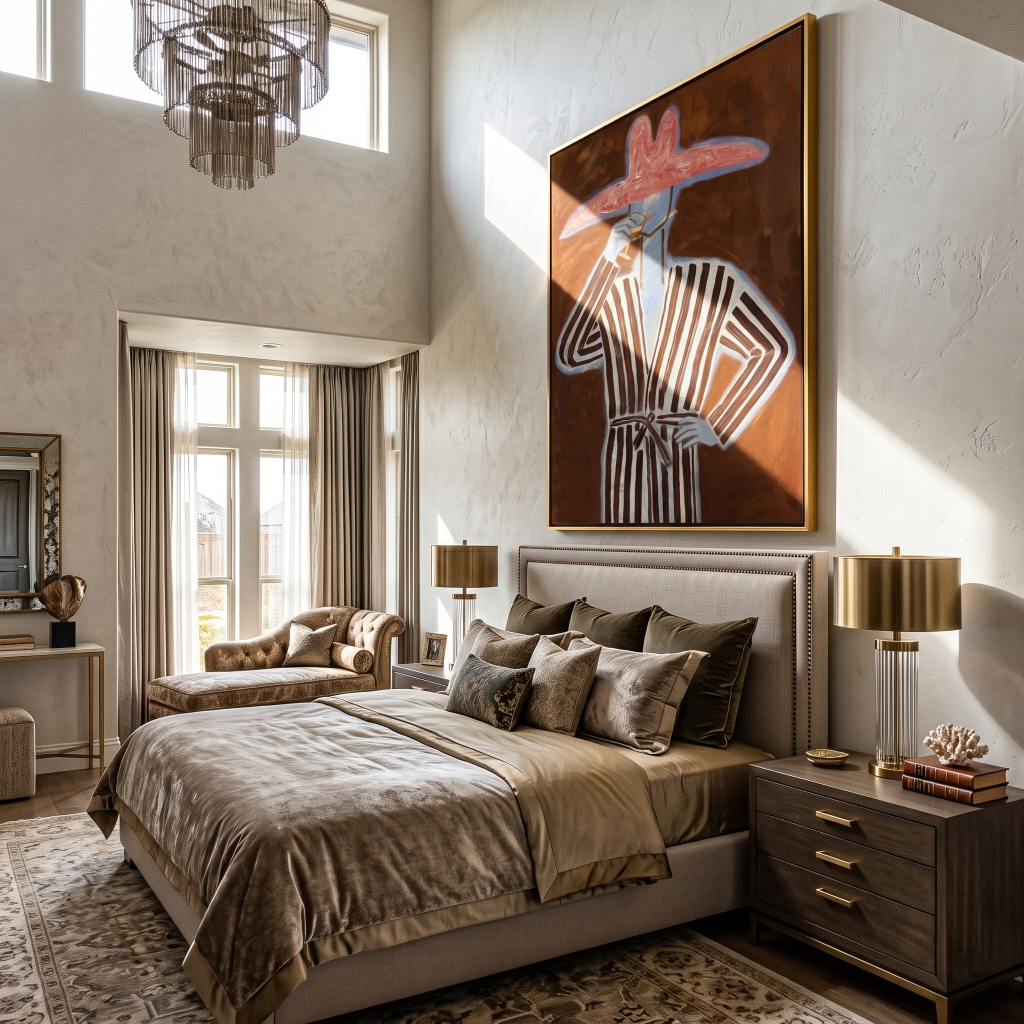 Striped Reverie – Figure in Robe with Pink Hat & Wine Painting | Vintage Americana Vertical Art