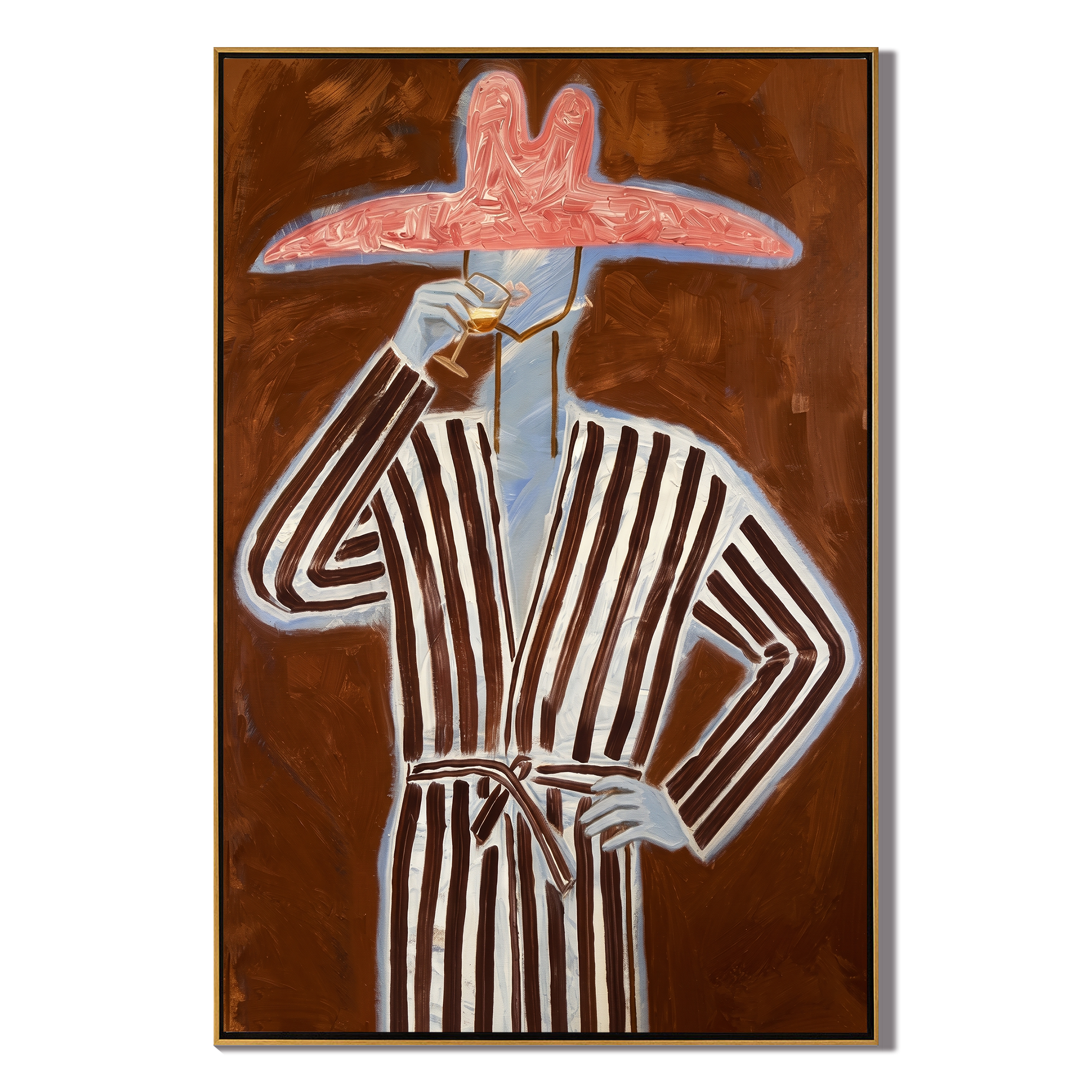 Striped Reverie – Figure in Robe with Pink Hat & Wine Painting | Vintage Americana Vertical Art