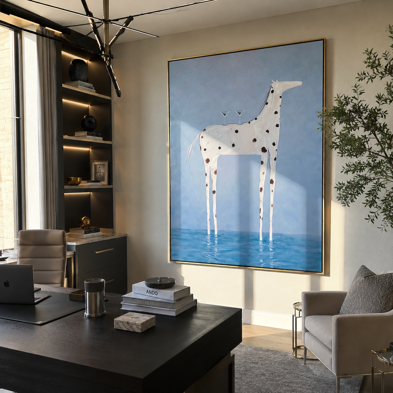 Surreal horse painting with martini glasses displayed above a living room bar cart