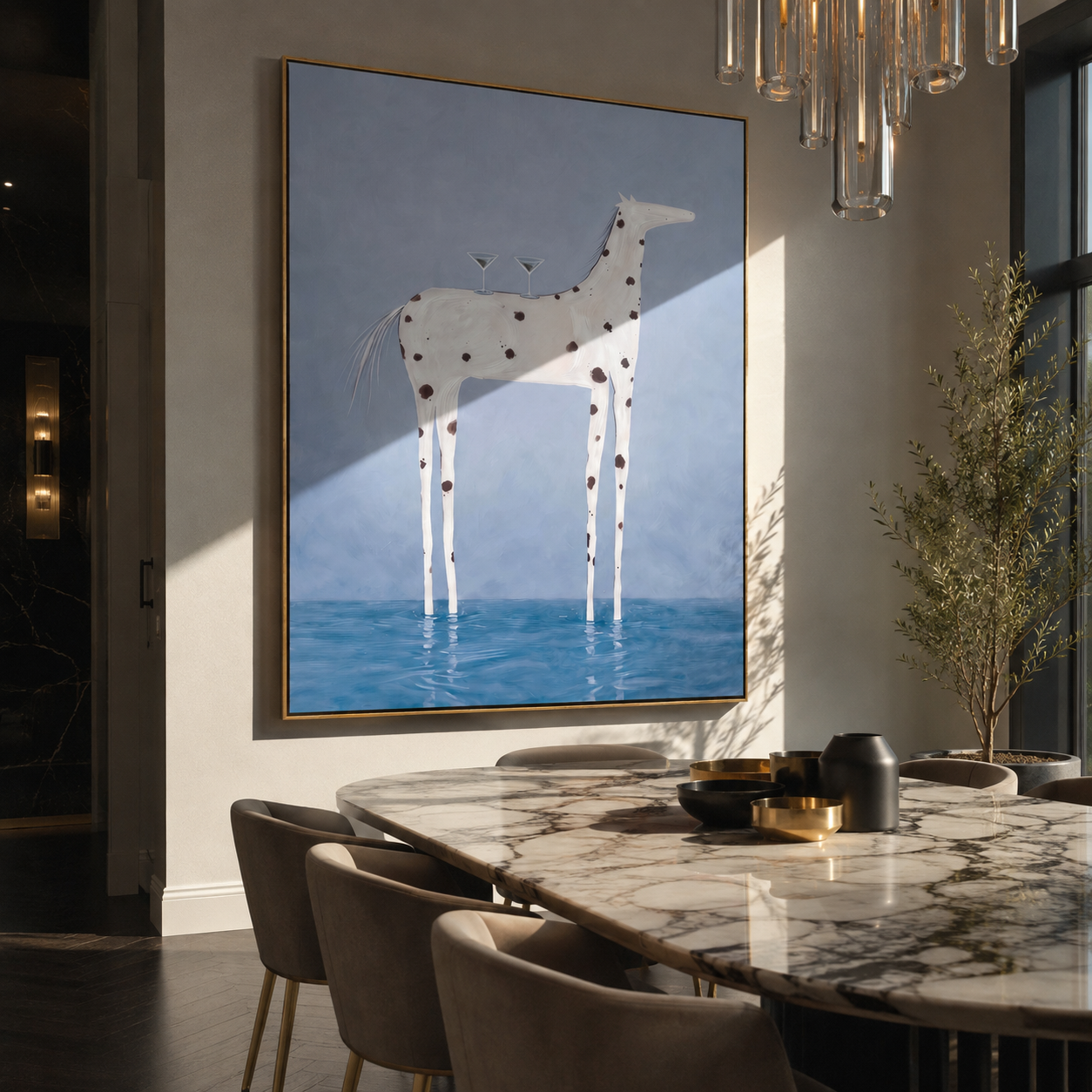 Surreal horse painting above a bedroom headboard with white bedding
