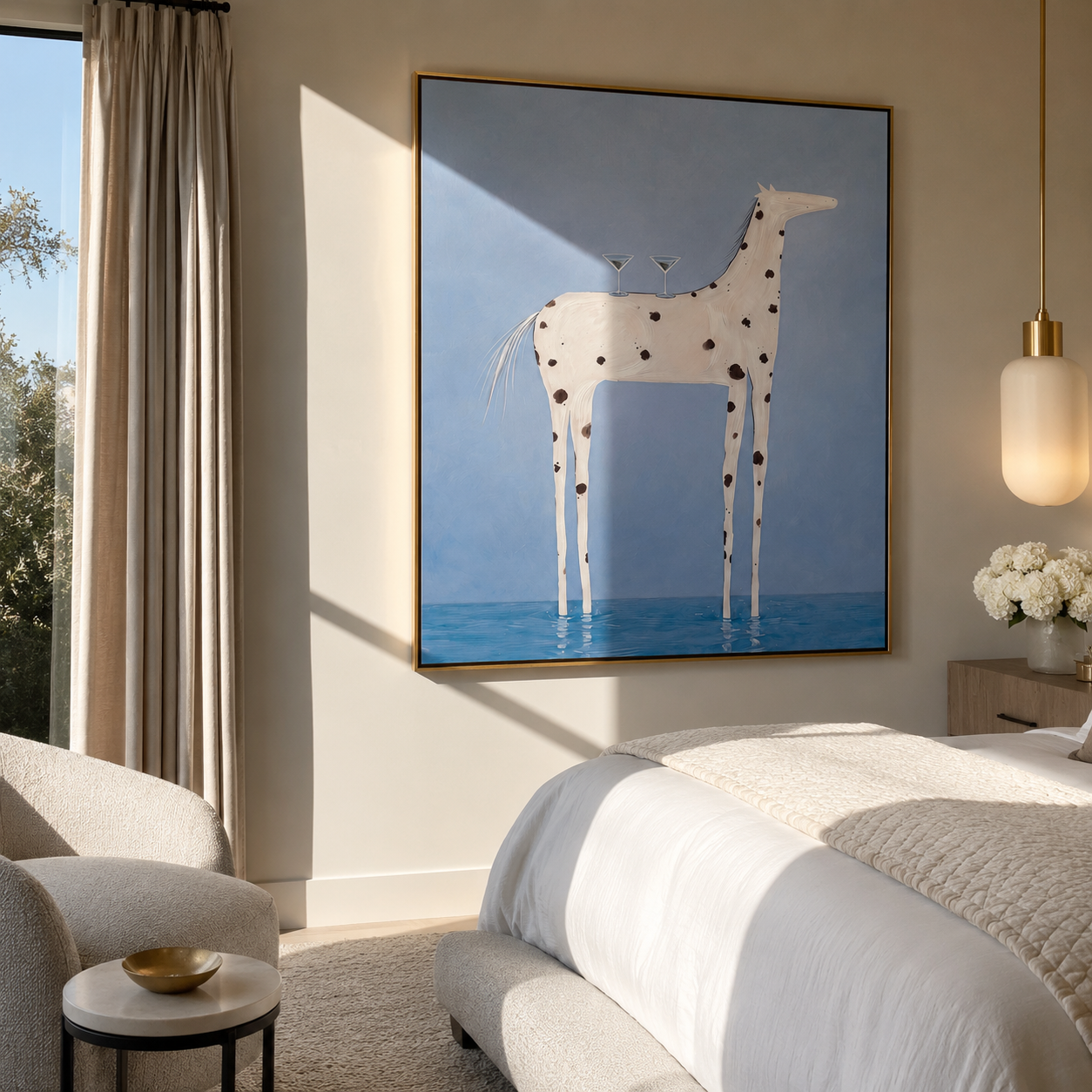 Whimsical horse canvas hung in a bright modern living room