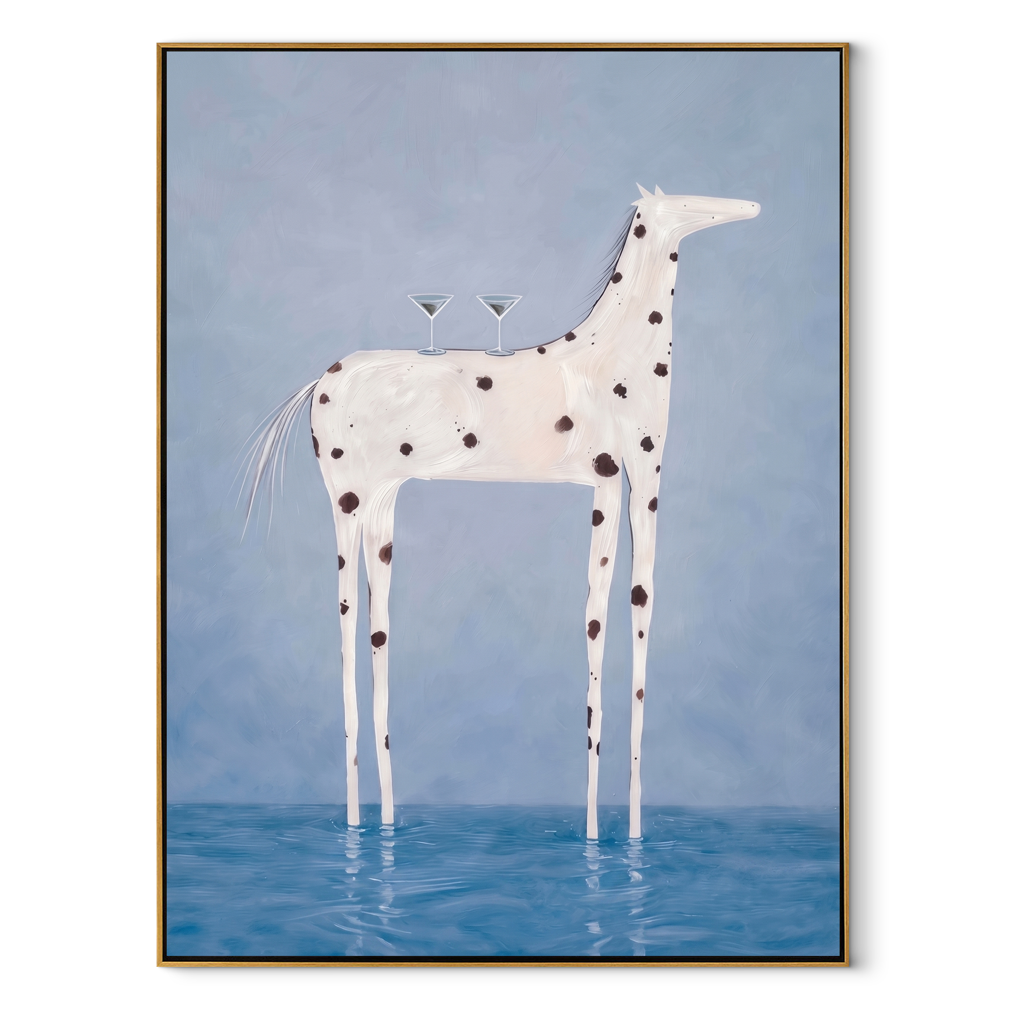 Cocktail Hour Wading Horse painting in a wood frame on a white background