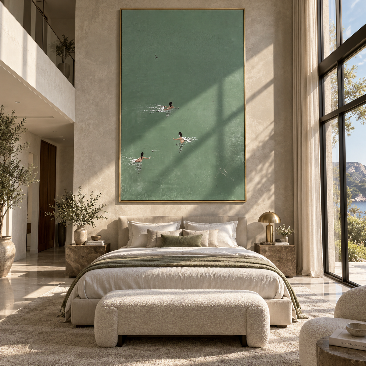 Deep Green Crossings - aerial swimmers painting shown in modern room setting 2