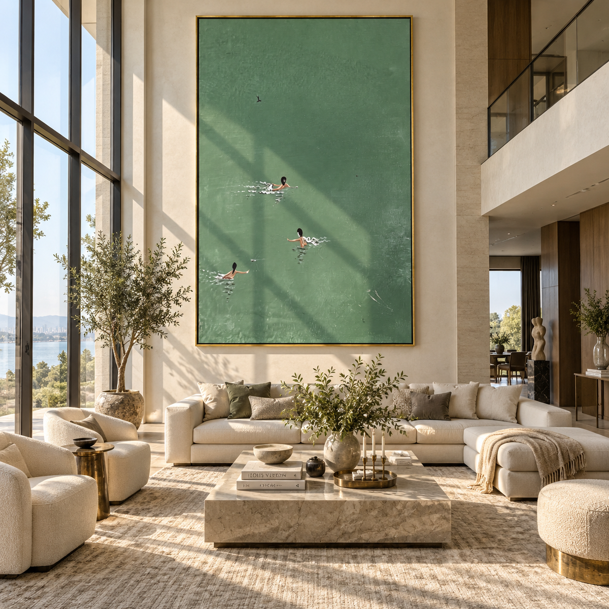 Deep Green Crossings - aerial swimmers painting shown in modern room setting 3