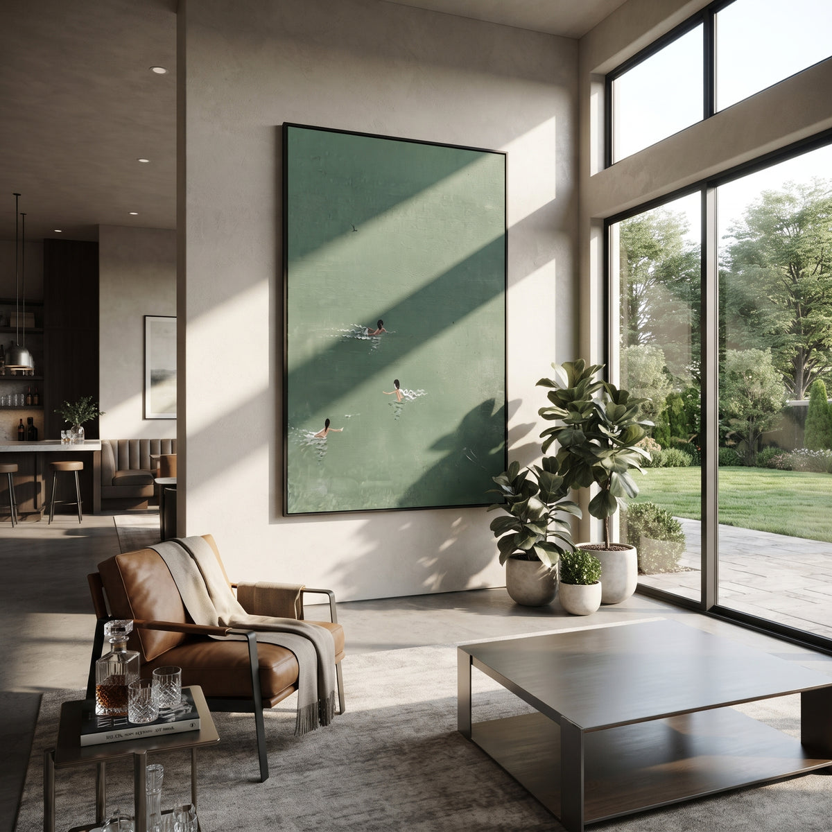 Deep Green Crossings - aerial swimmers painting shown in modern room setting 5