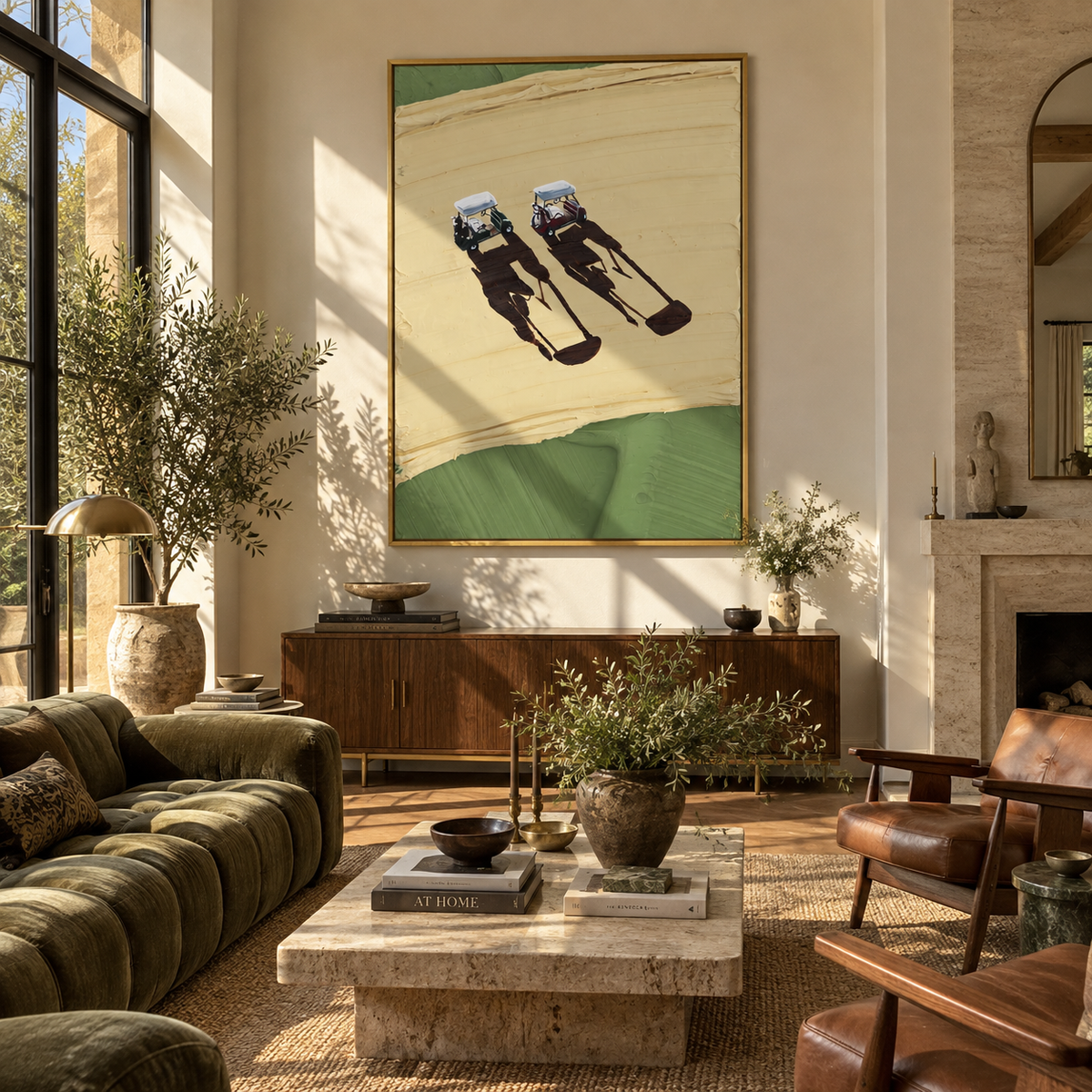 Twin Tracks on Ochre - aerial cyclists painting shown in modern room setting 4