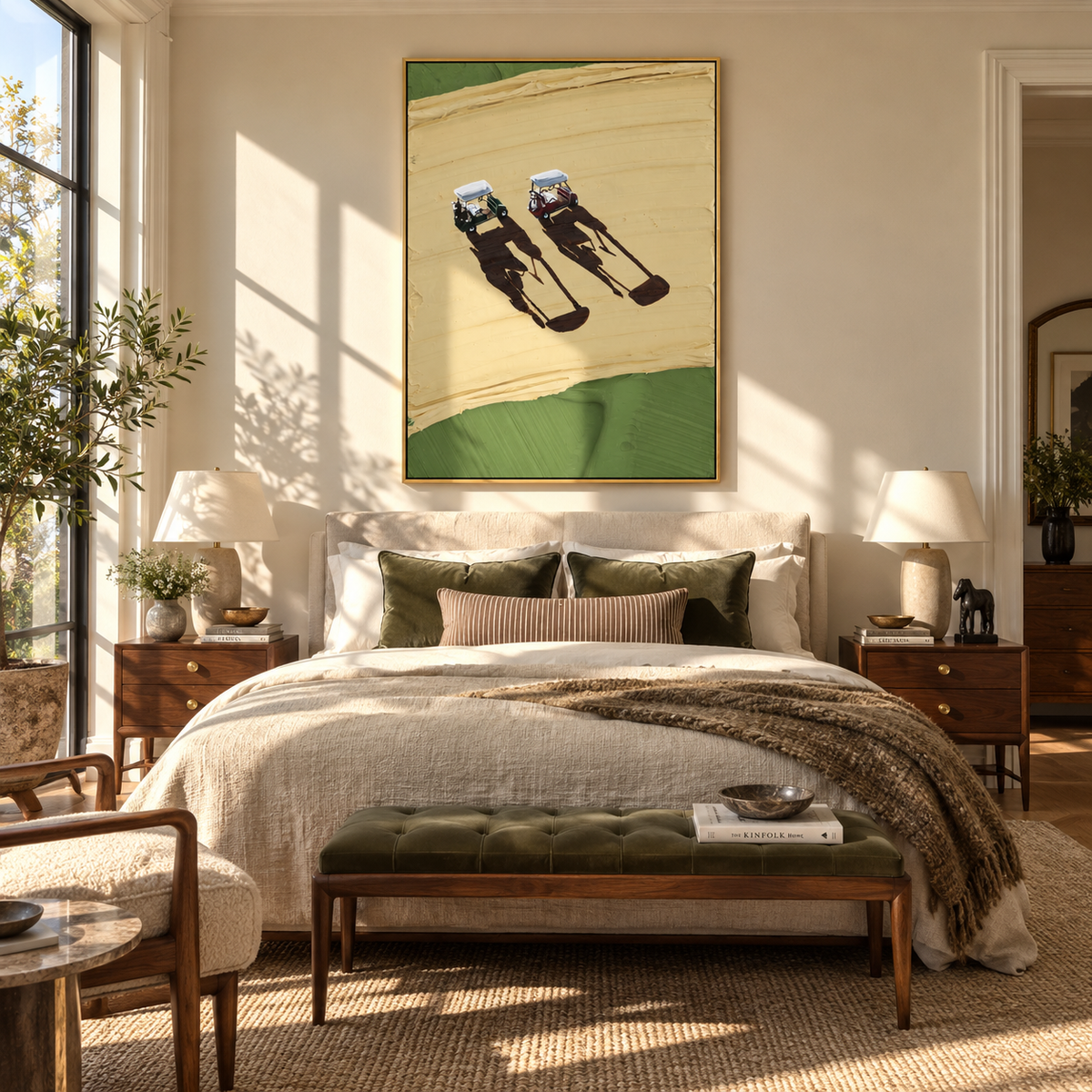Twin Tracks on Ochre - aerial cyclists painting shown in modern room setting 5
