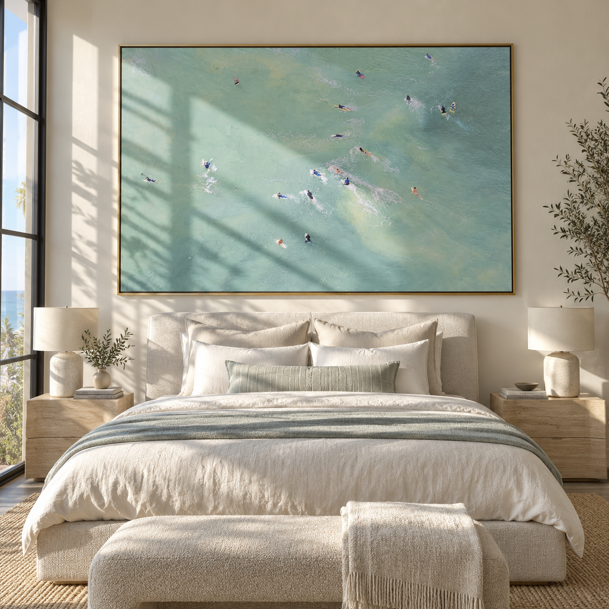Pale Water Gathering - aerial swimmers painting shown in modern room setting 3