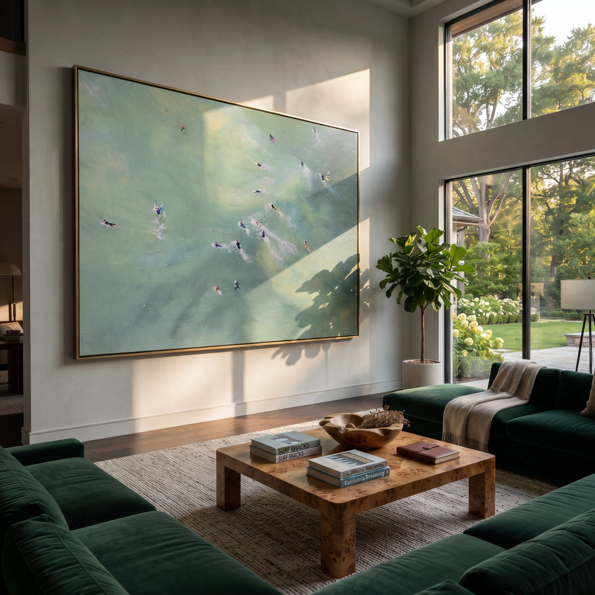 Pale Water Gathering - aerial swimmers painting shown in modern room setting 5