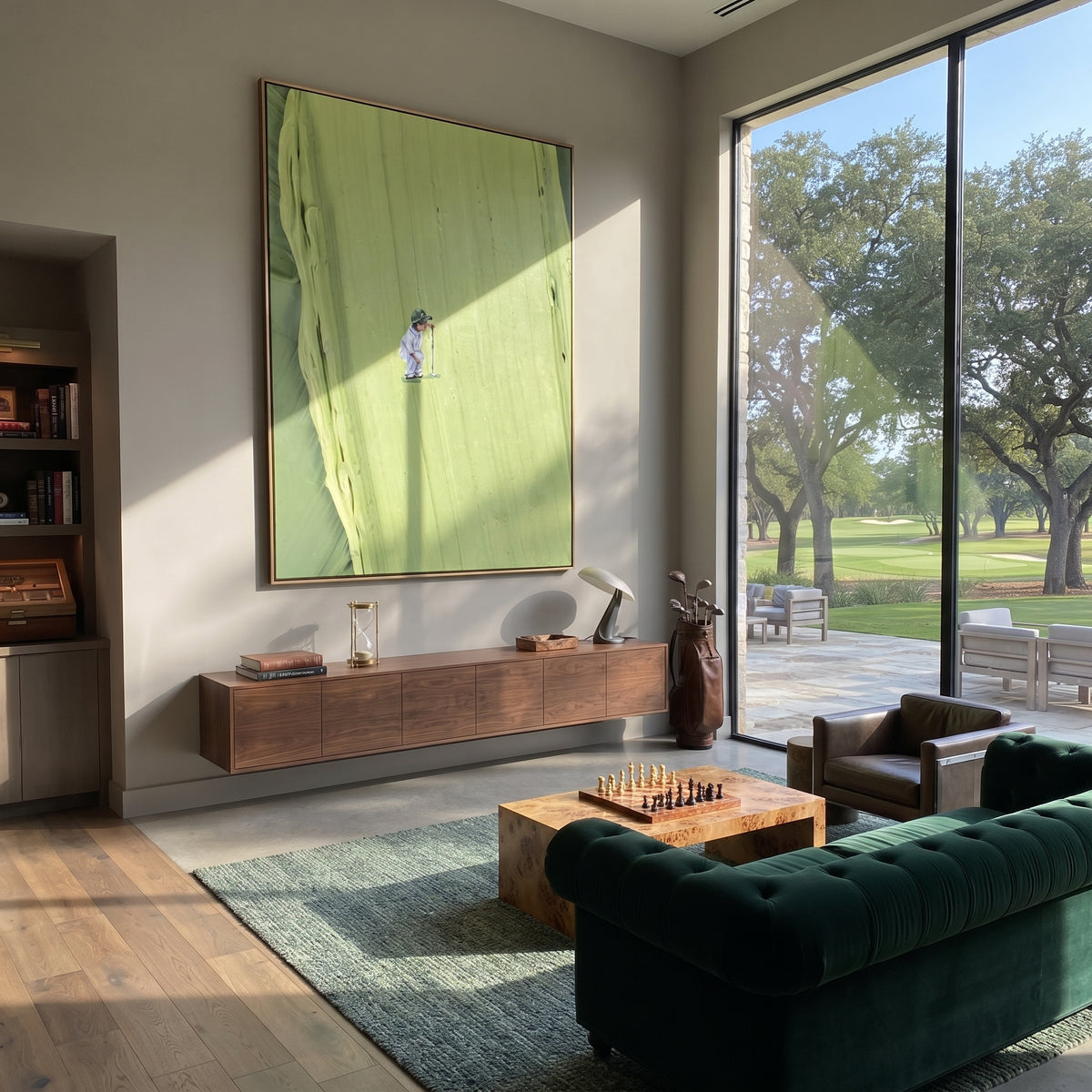 Lone Figure in Lime - minimal golfer painting displayed in a styled interior