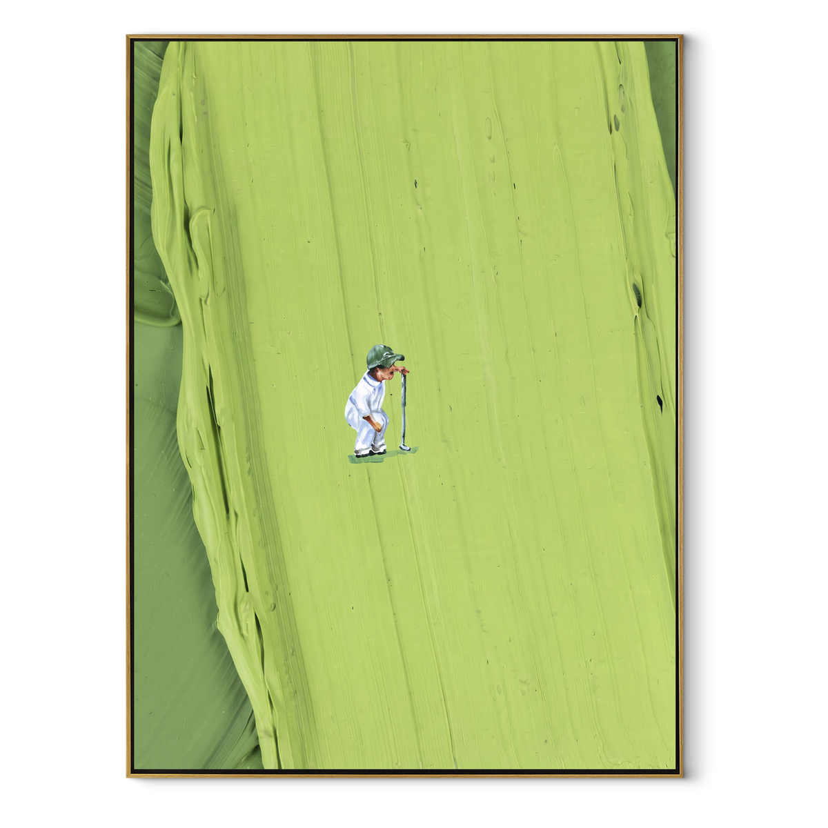 Lone Figure in Lime - minimal golfer painting in a wood frame on white