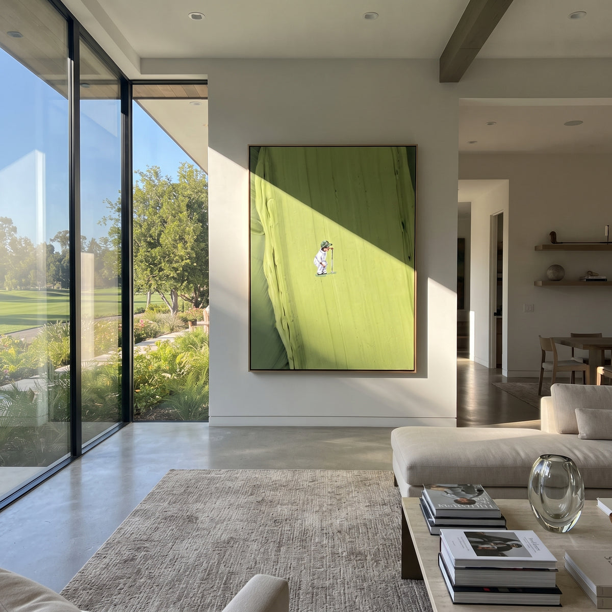 Lone Figure in Lime - minimal golfer painting shown in modern room setting 2