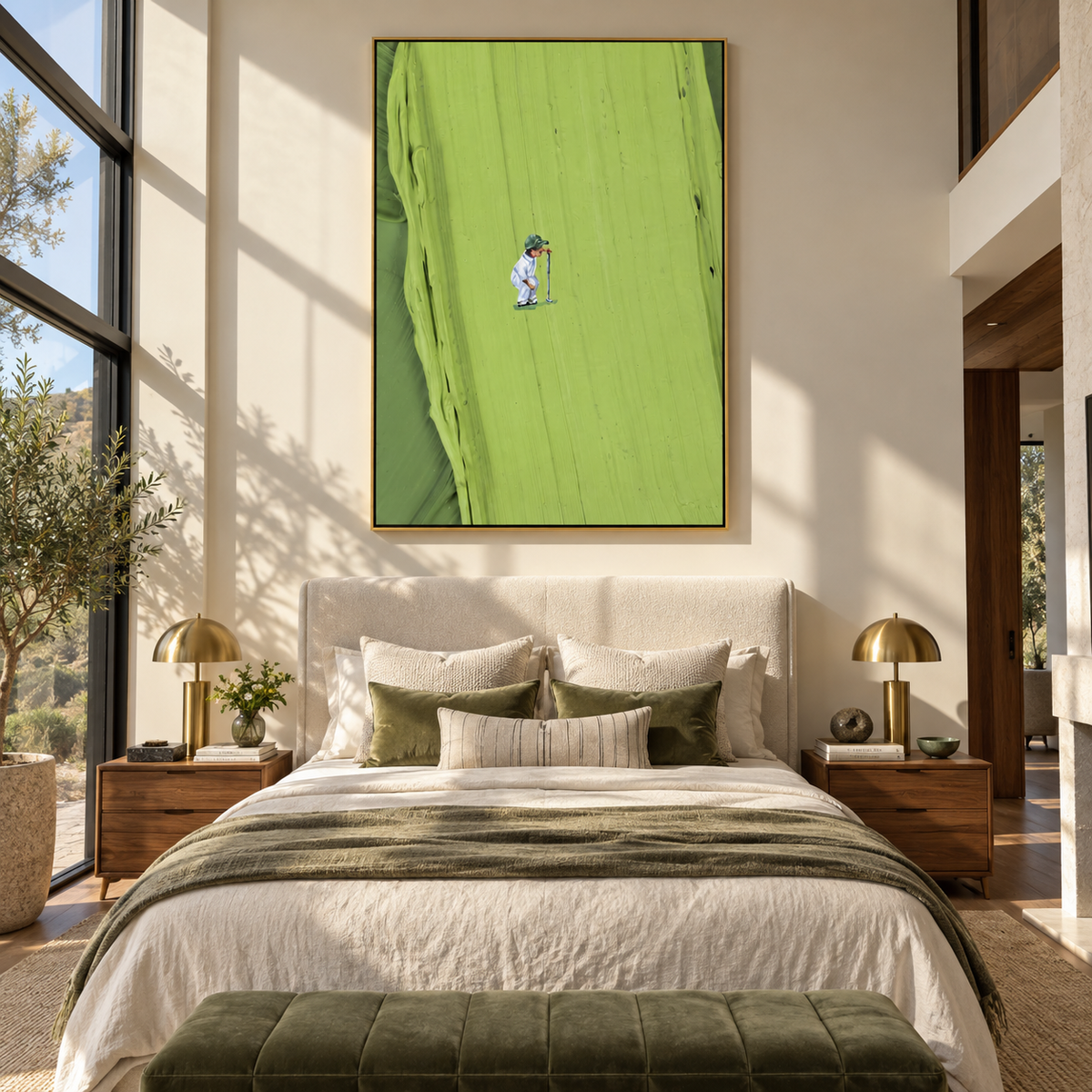 Lone Figure in Lime - minimal golfer painting shown in modern room setting 5