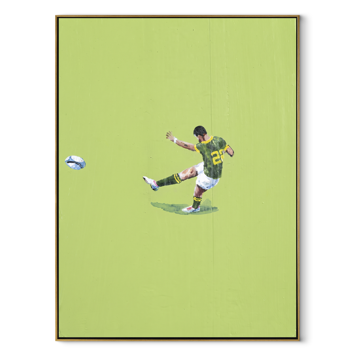 Kick Across Green - soccer player painting in a wood frame on white