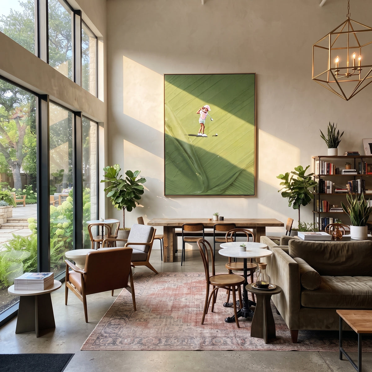 Fairway Pause - golfer putting painting displayed in a styled interior