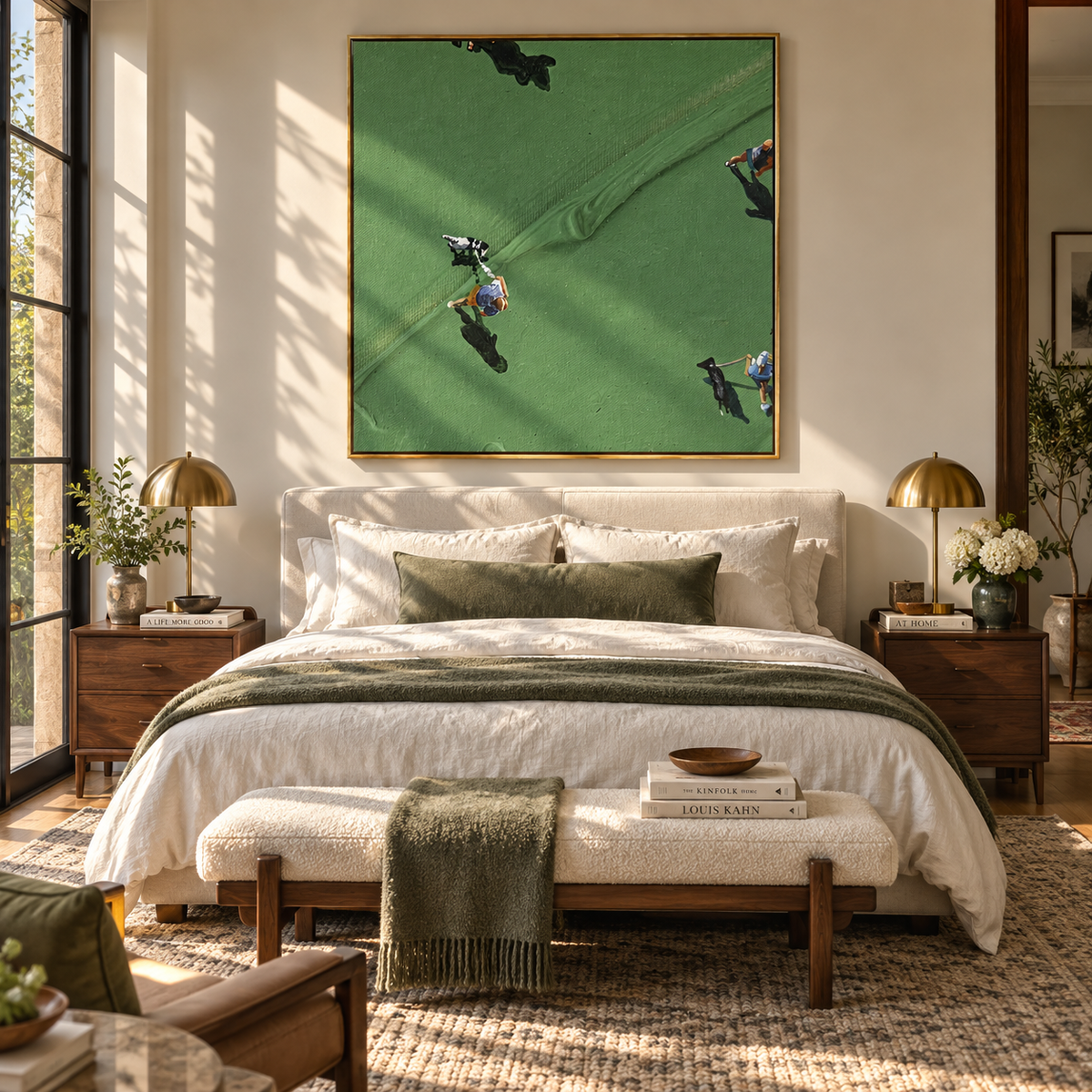 Long Shadows on Green - aerial golfers painting displayed in a styled interior