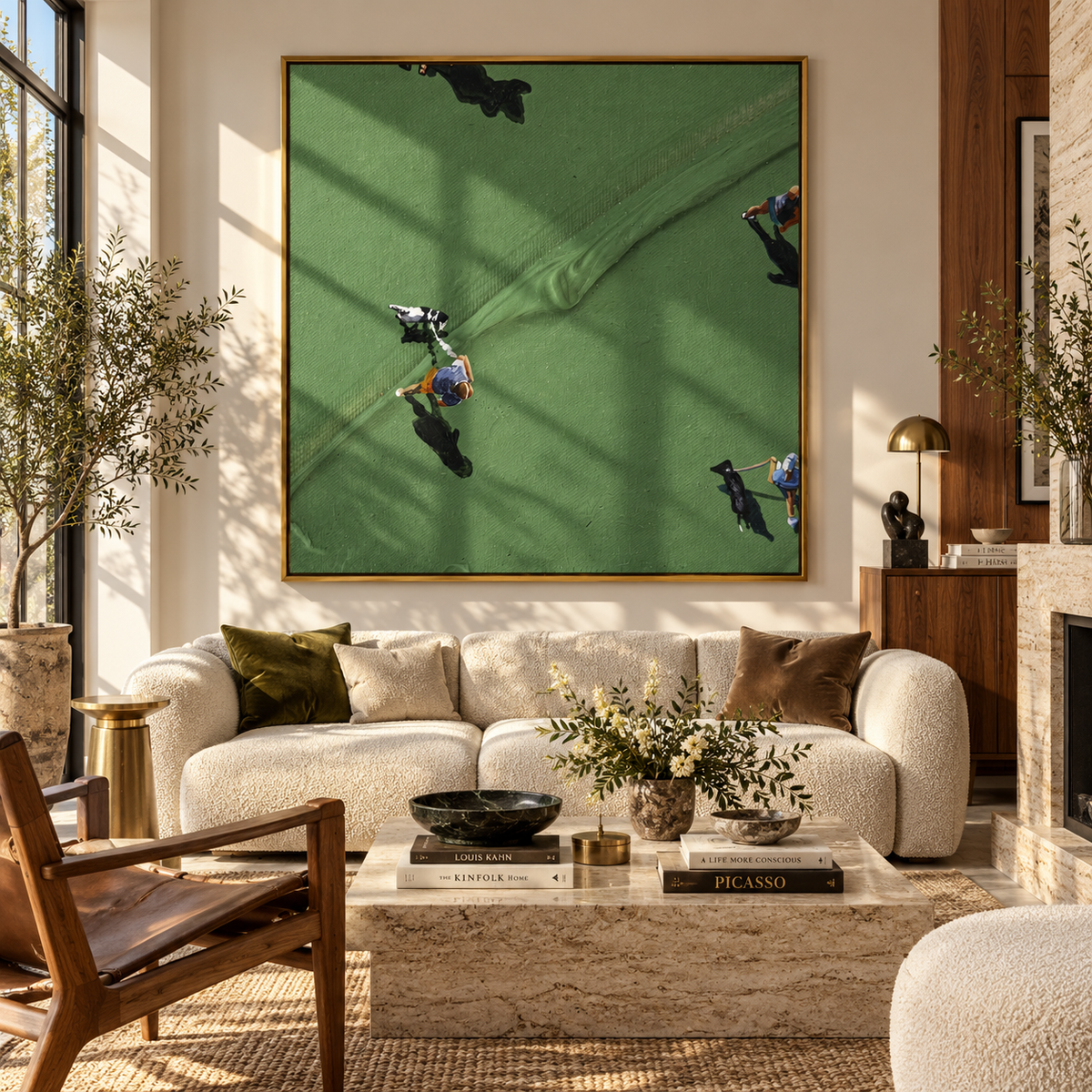 Long Shadows on Green - aerial golfers painting shown in modern room setting 5