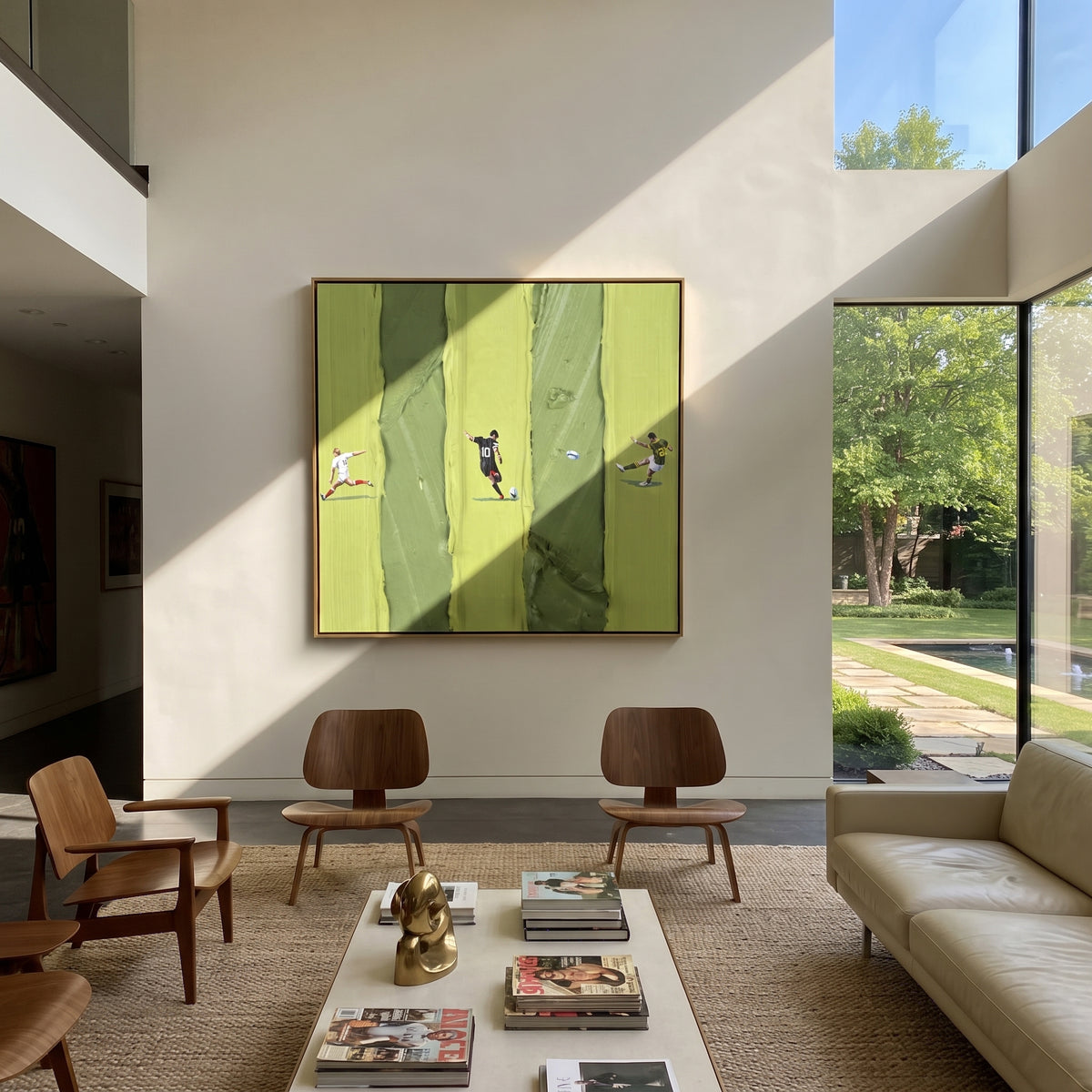 Three Lanes in Spring - aerial sports painting shown in modern room setting 2