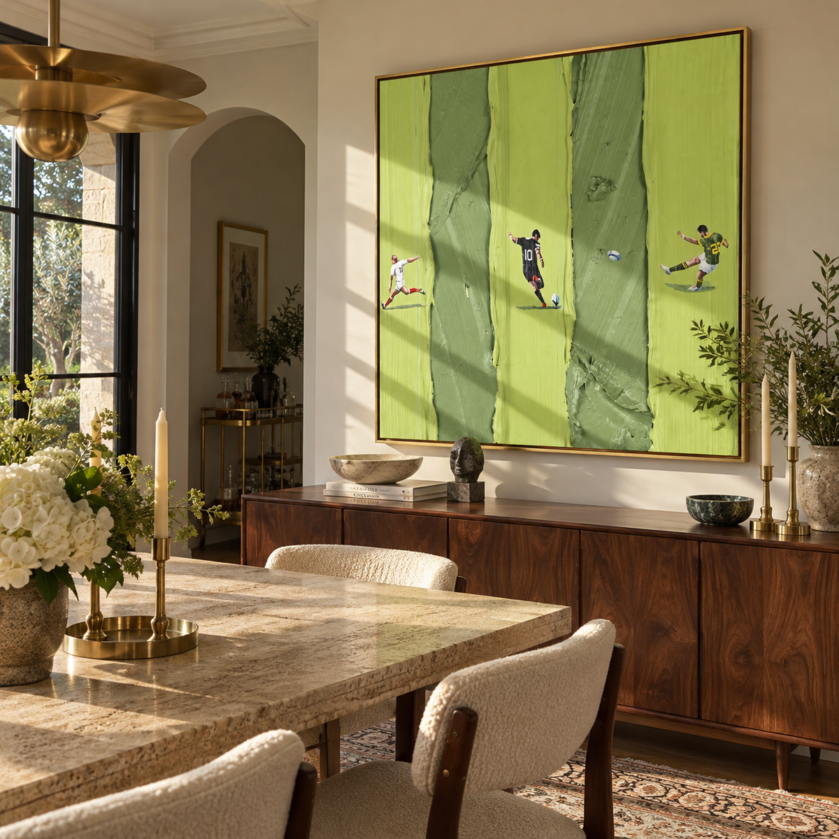 Three Lanes in Spring - aerial sports painting shown in modern room setting 5