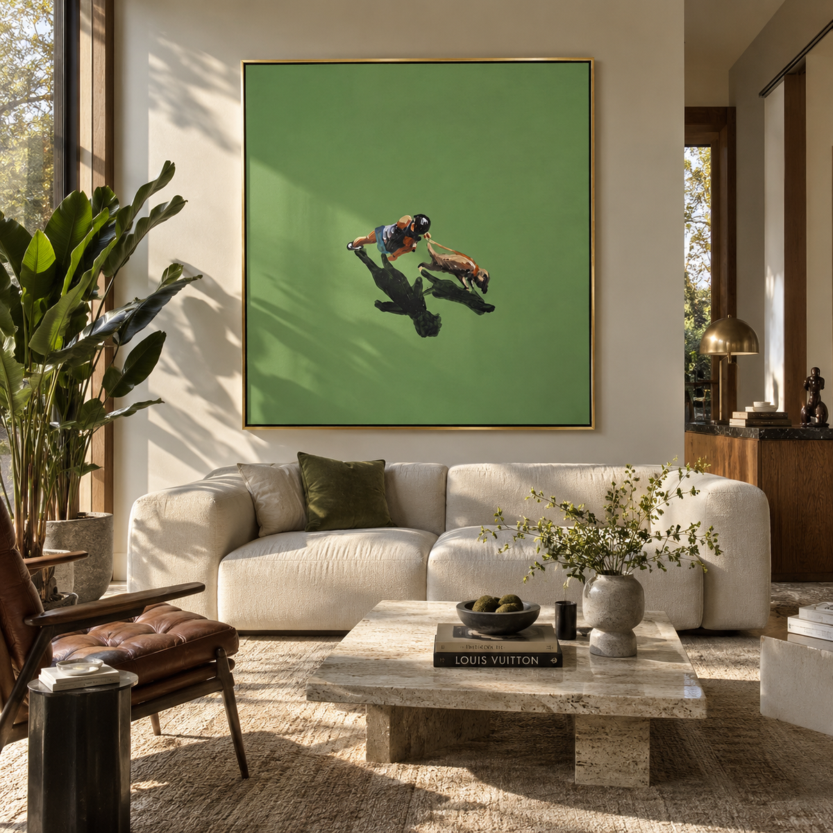 Green Field Practice - aerial golfer painting shown in modern room setting 2