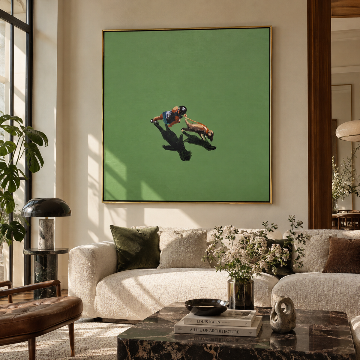 Green Field Practice - aerial golfer painting shown in modern room setting 4