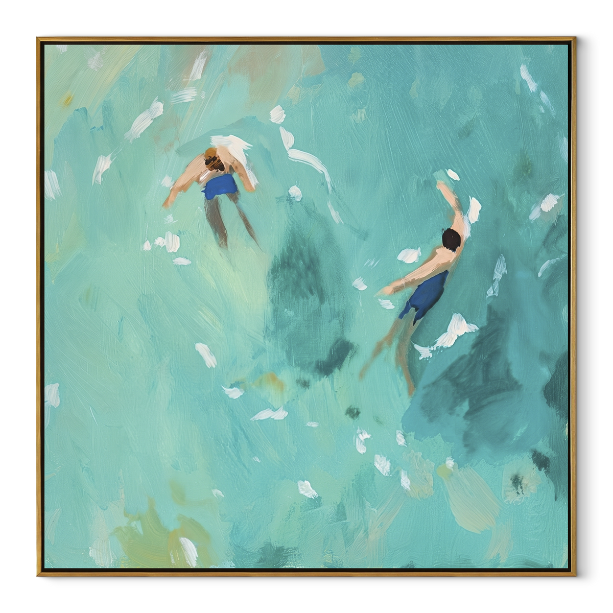 Turquoise Drift - two swimmers painting in a wood frame on white