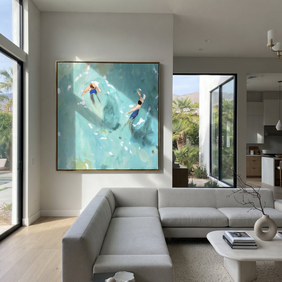 Turquoise Drift - two swimmers painting shown in modern room setting 4