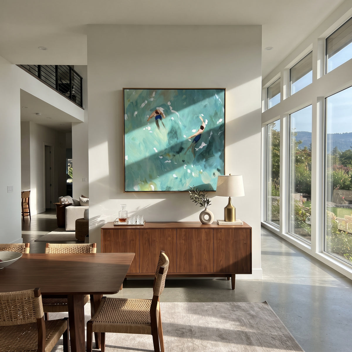 Turquoise Drift - two swimmers painting shown in modern room setting 5