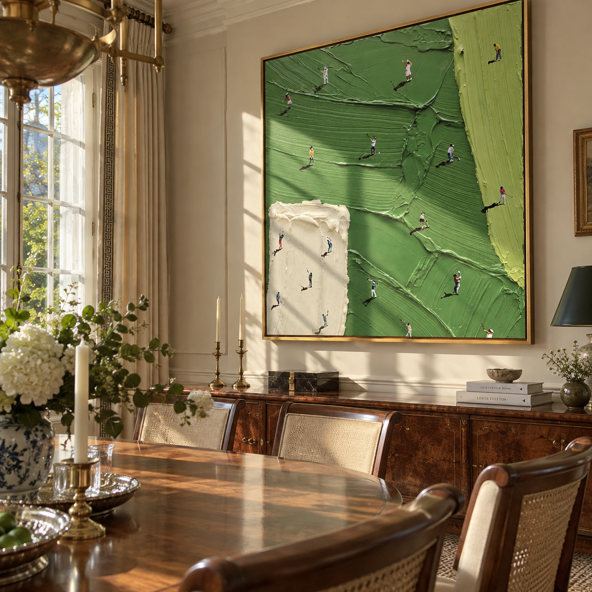 Players Between Fields - aerial sports painting shown in modern room setting 5