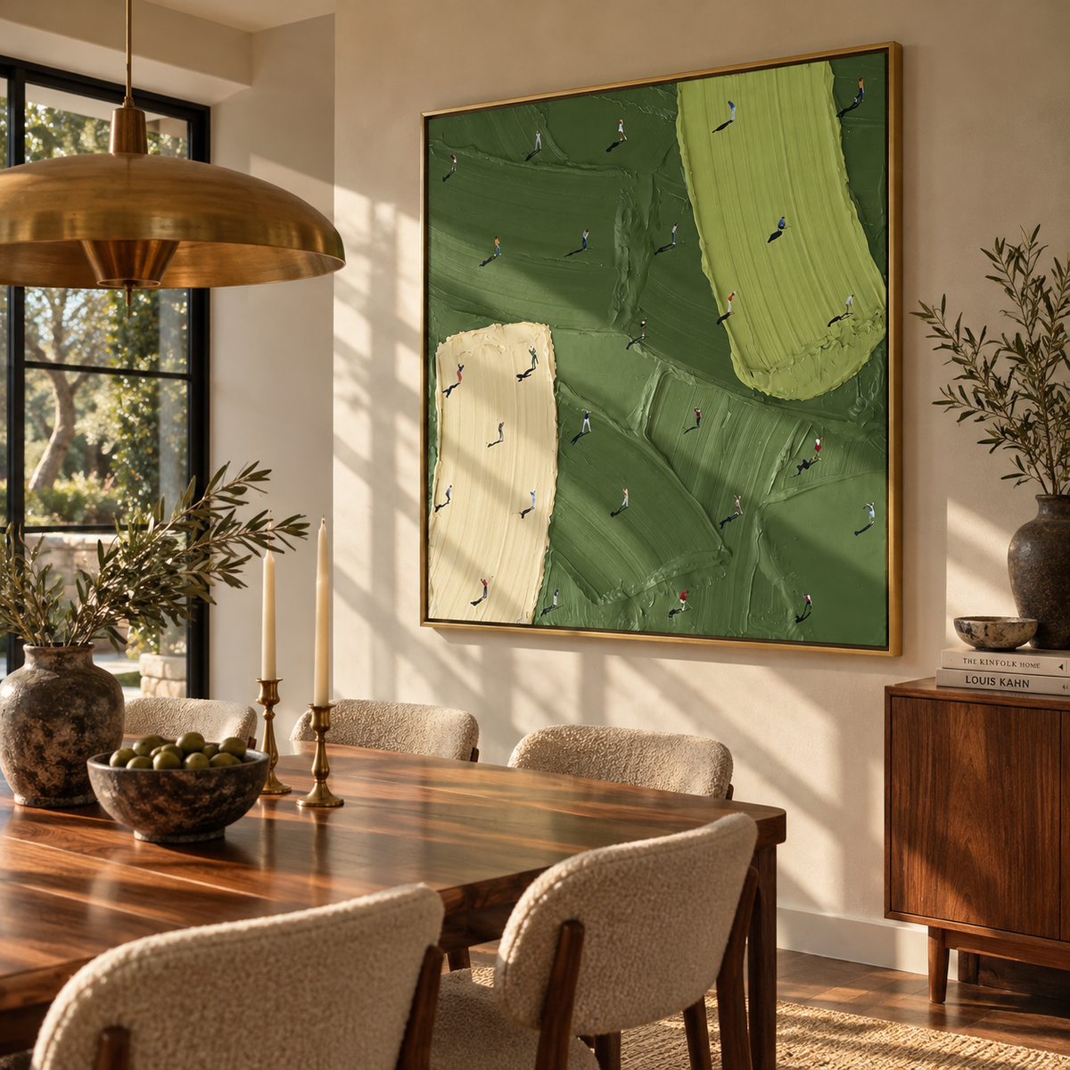 Small Figures Broad Green - aerial golf course painting displayed in a styled interior