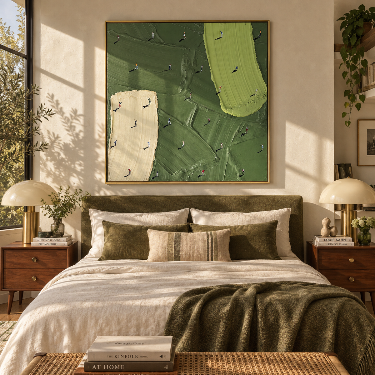 Small Figures Broad Green - aerial golf course painting shown in modern room setting 3