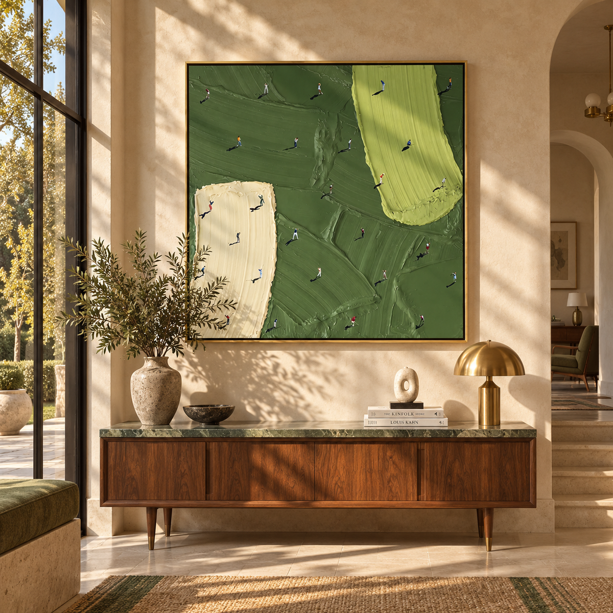 Small Figures Broad Green - aerial golf course painting shown in modern room setting 4