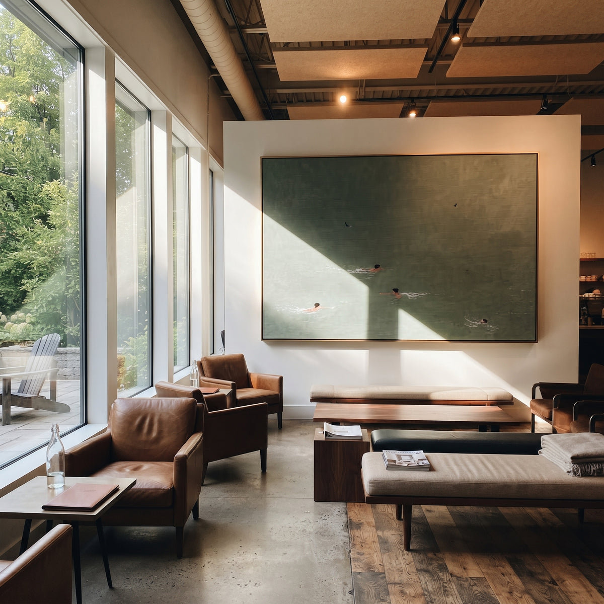 Still Water Crossing - swimmers painting shown in modern room setting 2
