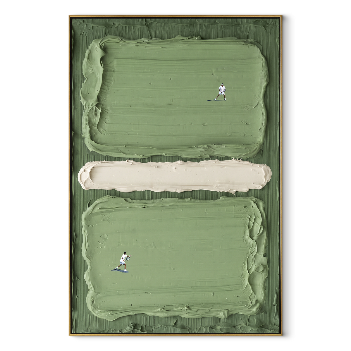 Twin Courts in Sage - tennis court painting in a wood frame on white