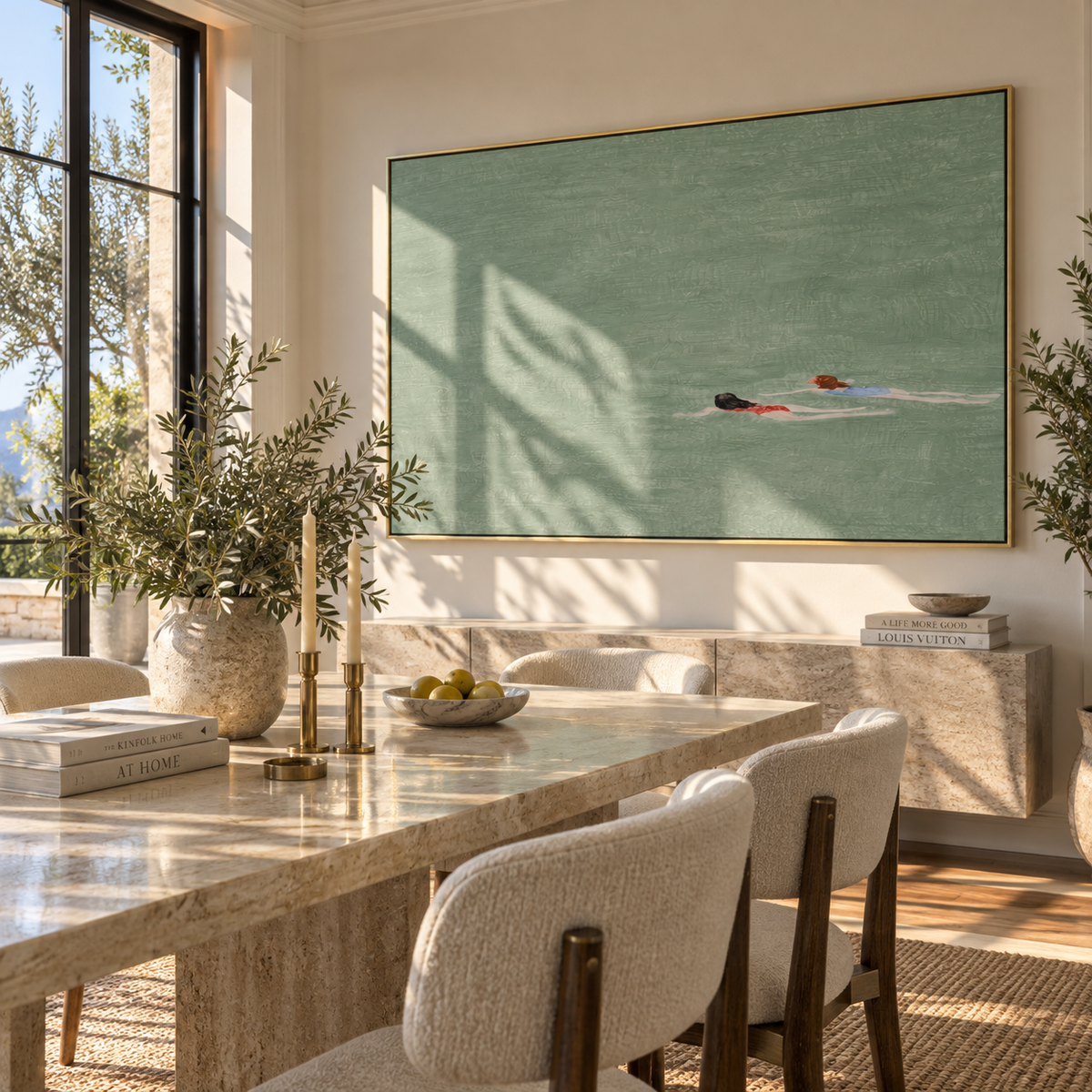 Two Strokes Apart - swimmers painting displayed in a styled interior