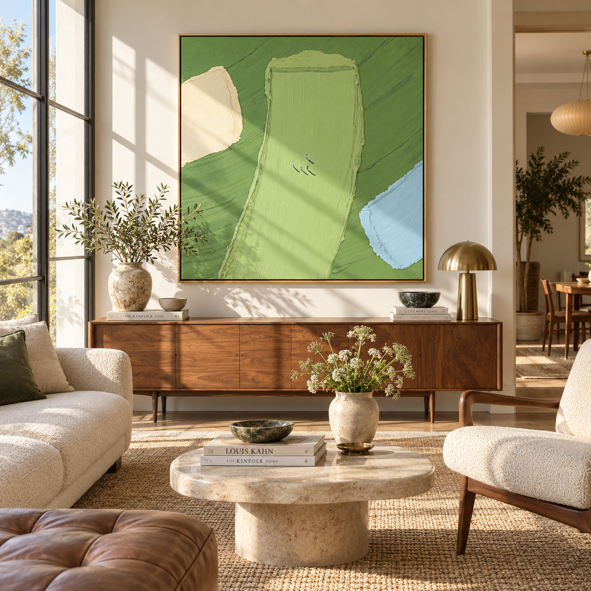 Fields from Above - abstract aerial landscape painting displayed in a styled interior