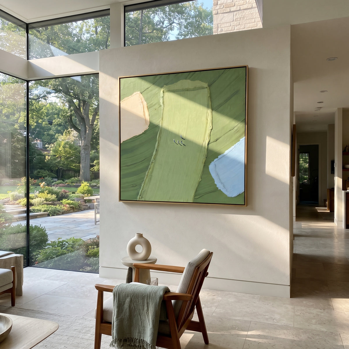 Fields from Above - abstract aerial landscape painting shown in modern room setting 3