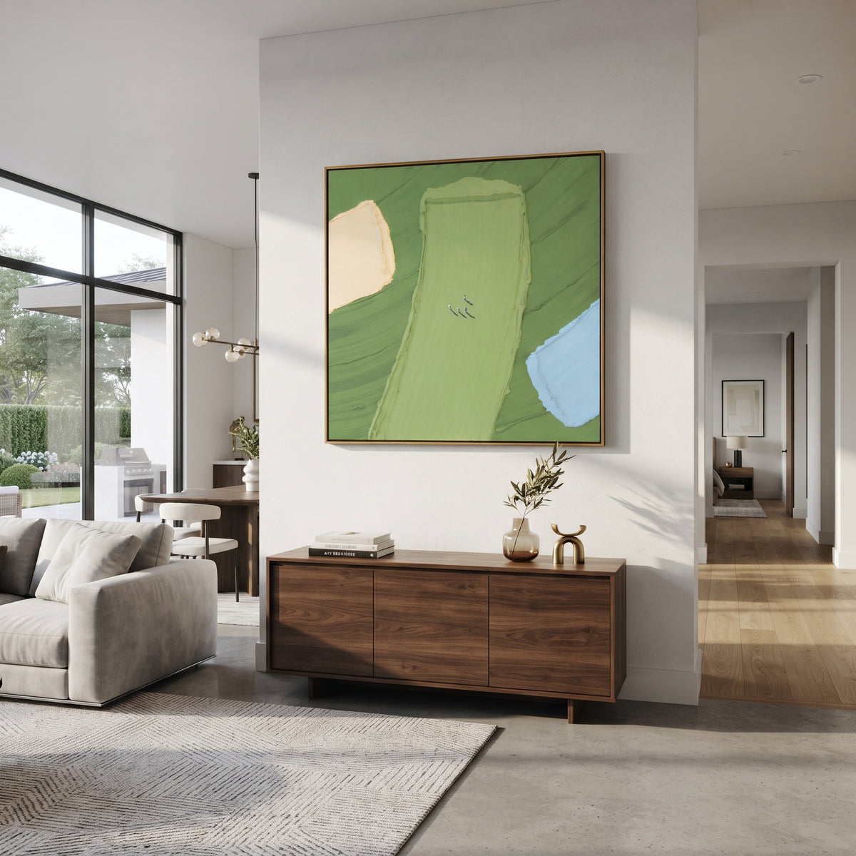 Fields from Above - abstract aerial landscape painting shown in modern room setting 4