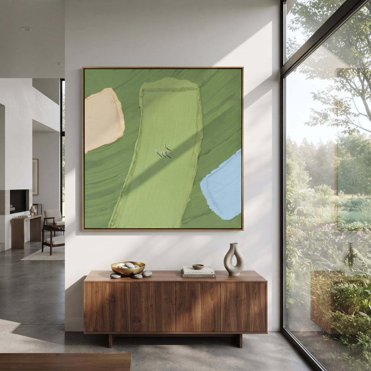 Fields from Above - abstract aerial landscape painting shown in modern room setting 5