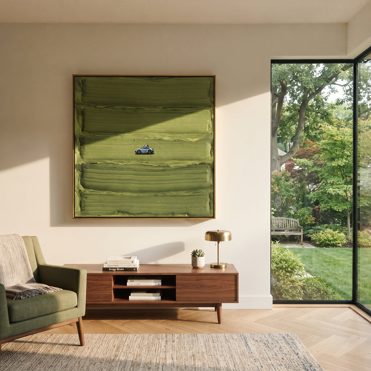 Blue Car on Green - minimal car landscape painting shown in modern room setting 4
