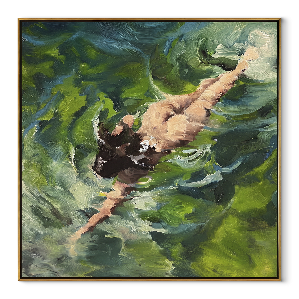 Green Water Glide - swimmer painting in a wood frame on white