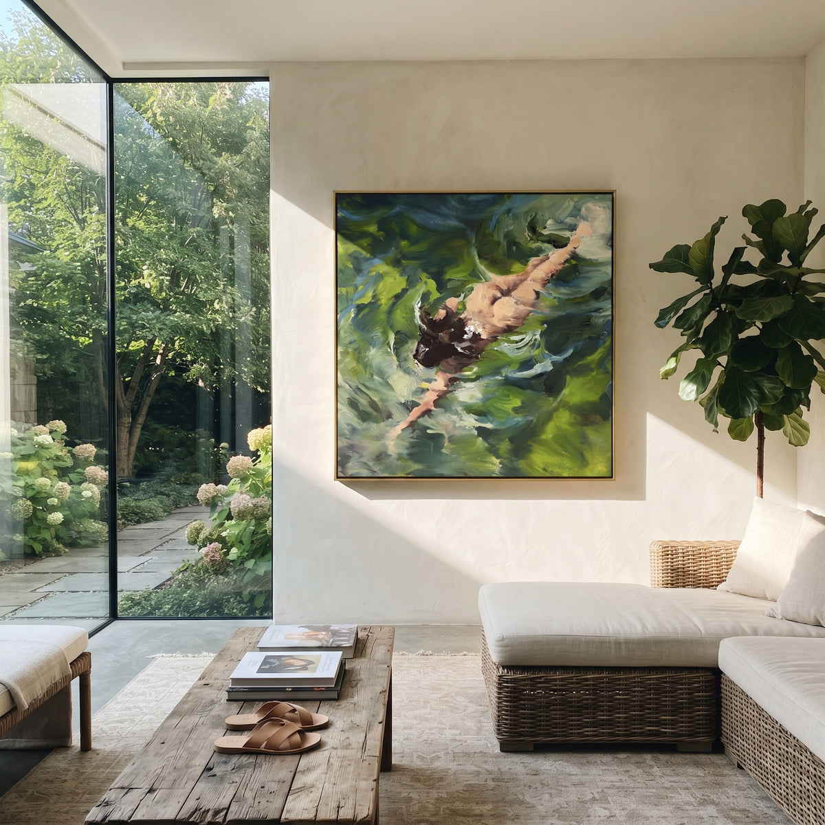 Green Water Glide - swimmer painting shown in modern room setting 2