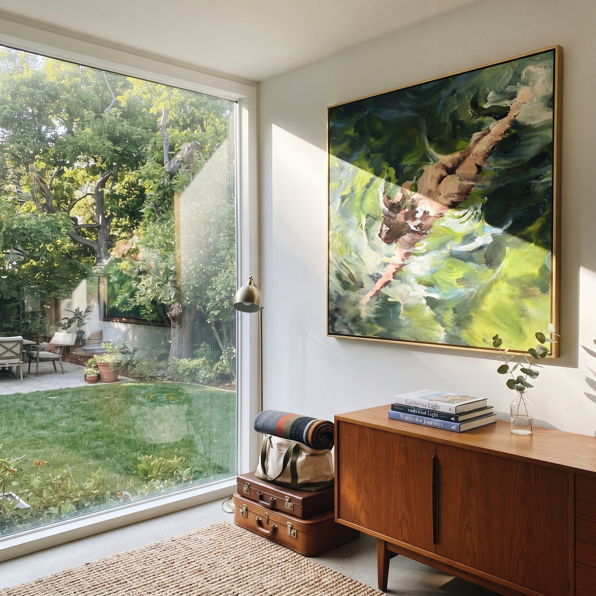 Green Water Glide - swimmer painting shown in modern room setting 3