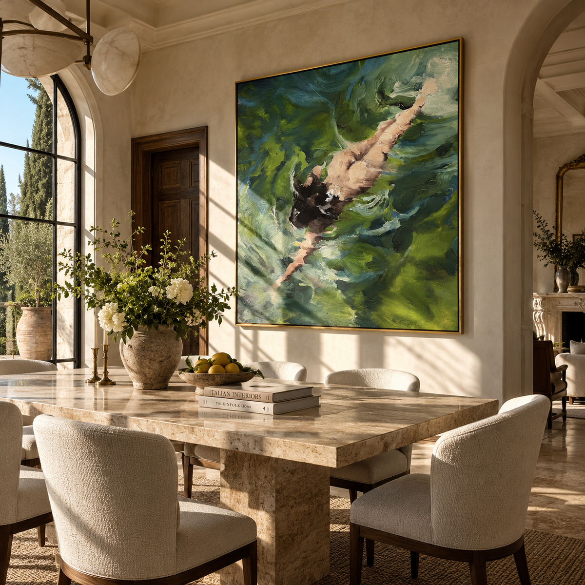 Green Water Glide - swimmer painting shown in modern room setting 4